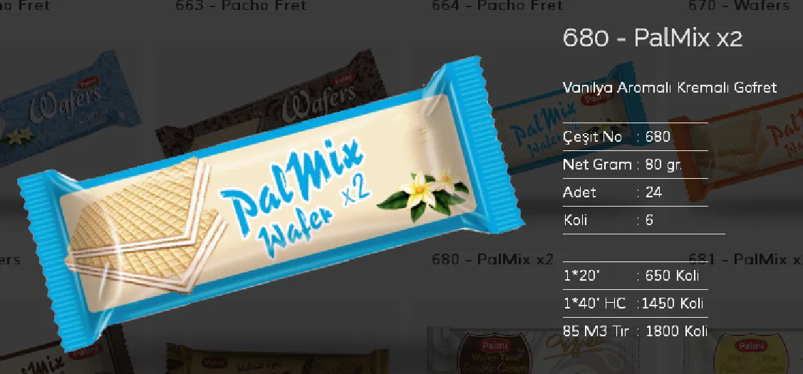 Bolachas & Wafers Cobertos com Chocolate Palmiye Modelo 55 — Alimentos, Leguminosas e Bens de Grande Consumo | COIDET & ATC